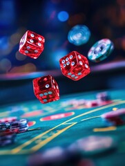 Poster - Red dice are flying through the air above a craps table while poker chips are scattered across the vibrant felt. Generative AI