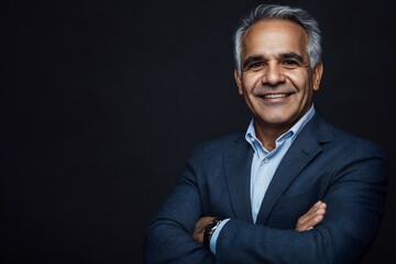 Smiling confident latin hispanic mature business man standing crossed arms isolated on black background. Older senior businessman professional ceo, coach, leader looking at camera. Banner, copy space