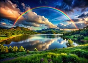 Wall Mural - Vibrant Rainbow Over Serene Landscape with High Dynamic Range Effects for Stunning Visual Appeal