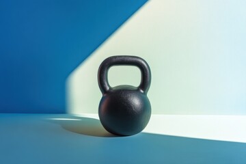 Poster - The black kettlebell is positioned on a vibrant, geometric background, showcasing its sleek design ideal for strength training. Generative AI