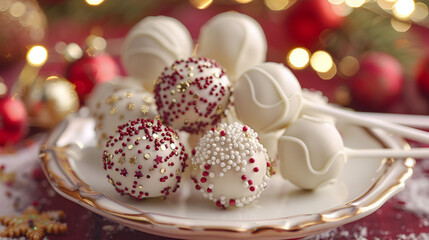 A close-up of gingerbread cake pops, dipped in white chocolate and decorated with tiny edible Christmas lights, arranged on a festive plate with red and gold decorations.