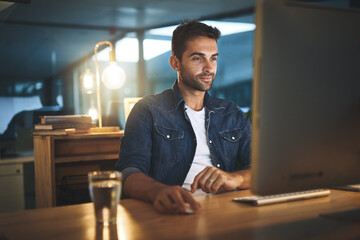 Poster - Office, computer and business man at night for website, research and online for project. Professional, company and person on monitor for working late for deadline, proposal and email networking
