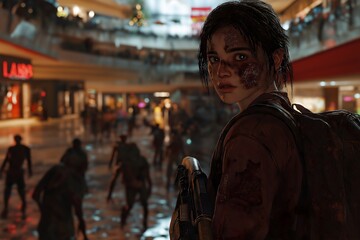 a character male battle hardened standing in the middle of a shopping mall with zombie