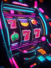 Fototapete - Colorful slot machine reels spin joyfully, showcasing iconic symbols like cherries, sevens, and bars in an electrifying atmosphere. Generative AI