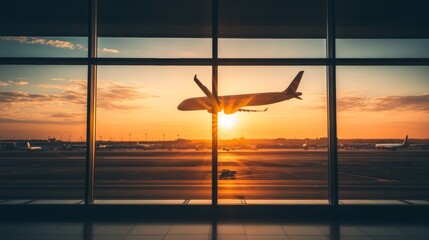 Aufkleber - The sun is setting behind an airplane taking off from an airport, creating a warm orange glow. The silhouette of the plane is framed by the window of the airport lounge