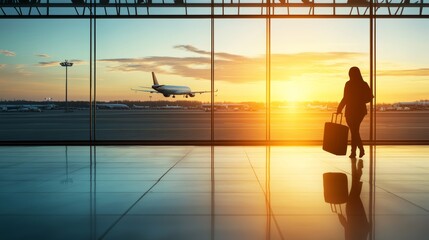Aufkleber - Businesswoman walks through an airport terminal at sunset, her silhouette against the evening sky creating a modern and elegant scene. Perfect for travel, business trips, or vacations