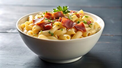 Canvas Print - Creamy mac and cheese dish with smoked gouda and crispy prosciutto in a white bowl