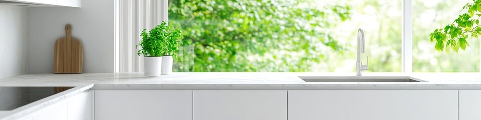 Bright modern kitchen counter with green view outside.