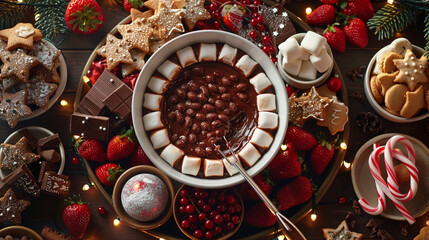 Flat lay of a Christmas-themed chocolate fondue, surrounded by marshmallows, gingerbread cookies, fresh strawberries, and candy canes, with a backdrop of twinkling lights.