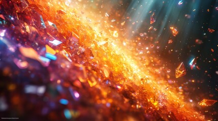 Leinwandbilder - A captivating array of shimmering orange and purple crystals captures light brilliantly, creating a stunning visual effect. The crystals seem to float in a dark ambiance, enhancing their vivid colors.