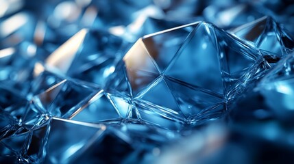 Poster - The image captures intricate blue glass crystals, their faceted surfaces reflecting light in a mesmerizing abstract arrangement, showcasing beauty and elegance.