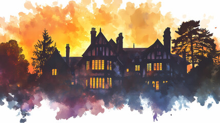 Wall Mural - Watercolor painting of a tudor-style mansion at sunset, with its silhouette outlined against, on isolated white background, generative ai. Tudor Mansion. Illustration