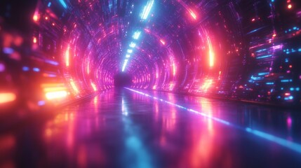 Poster - The tunnel features pulsating neon lights in blue, pink, and orange, casting a surreal glow on the reflective floor. It invites exploration in a digital landscape.