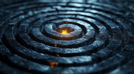 Poster - A captivating spiral maze made of dark stones winds its way towards a central glowing ember, creating an atmosphere of intrigue and mystery in the shadows.