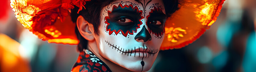 Young man wearing makeup for Día de los Muertos, created with Generative AI technology.