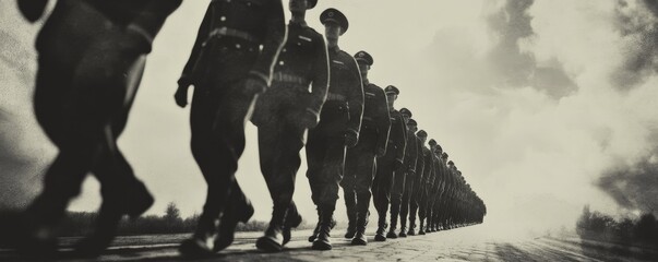 A monochrome image of soldiers marching in formation, depicting discipline and military strength against a dramatic sky.