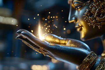 Close-up of the Aarti flame, as a devotee waves it gently in front of a deity, creating soft glowing trails