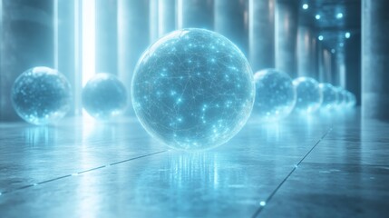 Aufkleber - A series of ethereal, glowing spheres line a sleek corridor, reflecting light and creating a mesmerizing atmosphere in a modern setting.