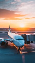 Poster - Modern white passenger airplane is standing at the gate in the airport at sunset time, waiting for boarding of passengers