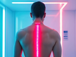 Man undergoing laser therapy with bright lights on his back in a contemporary clinic, symbolizing advanced treatment