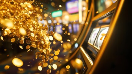 Aufkleber - Golden coins pour from the slot machine, filling the air with a sense of wealth and thrill in an energetic casino environment. Generative AI
