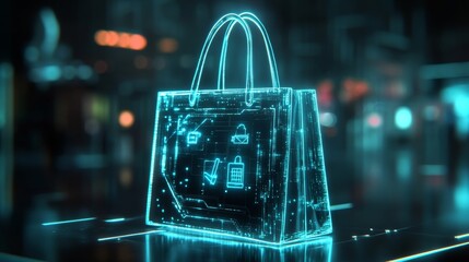 Poster - Glowing Digital Shopping Bag. Symbol of E-Commerce and Online Shopping