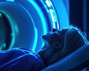 Woman undergoing an MRI scan in a high-tech medical room, focused on pain diagnosis and precision technology