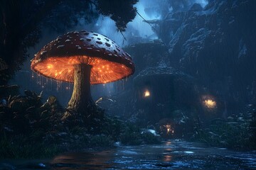 Mushrooms growing among trees in a lush forest