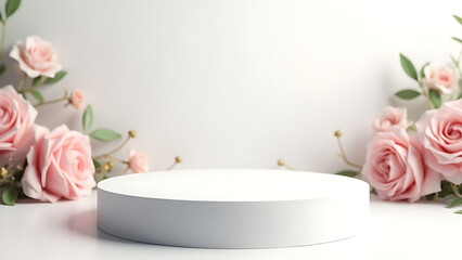 Poster - White podium features pastel flowers, ideal for product display and media design solutions.