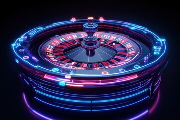 Poster - A brightly illuminated roulette table features vivid neon numbers, inviting players in a modern casino atmosphere after dark. Generative AI