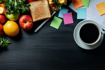 Fresh Food Setup with Notes and Coffee on Wooden Table