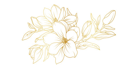 golden magnolia flowers line art isolated on white background. luxury magnolia floral design element