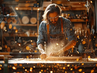 A male carpenter working in his woodworking shop. He has shoulder-length brown hair and is wearing safety goggles, a plaid shirt and an apron. He is focused on sanding a wooden plank on a workbench,