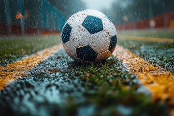 A wet soccer ball rests on the field during rainy weather in a quiet afternoon setting