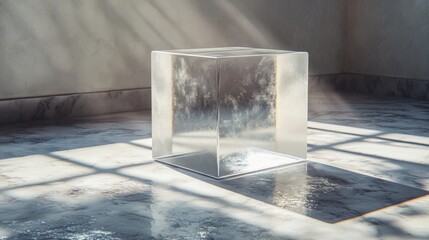 Leinwandbilder - A transparent glass cube is placed on a polished marble floor. Soft sunlight streams through the window, creating gentle shadows on the surface.