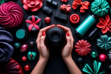 Hyper-realistic view of a person surrounded by branded products, capturing the textures and colors of high-end items