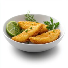 Crispy Fried Fish with Lime and Herbs on White Plate