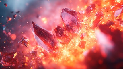 Aufkleber - Vibrant red crystals burst apart amidst intense heat and molten lava during a volcanic event, showcasing nature's powerful forces in action.
