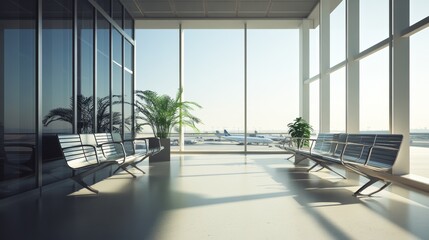 Aufkleber - Sunlight is streaming through the windows of an empty airport terminal waiting area. Several airplanes are visible in the background