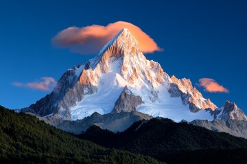 Poster - Monte Fitz Roy glowing in the first light of dawn, with the pink and orange hues of the sunrise creating a breathtaking contrast against the snow-capped summit