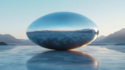 Poster - A large, reflective metallic sculpture sits on a calm lake, mirroring the serene surroundings of mountains at sunset, creating a breathtaking view.