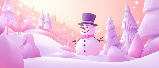 A whimsical winter scene featuring a smiling snowman with a top hat in a dreamy pink landscape filled with snow-covered trees.