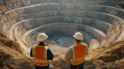 two workers observe a large mining pit, highlighting industrial activity and safety.