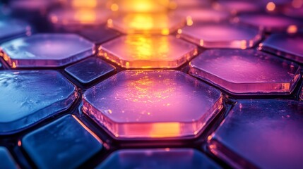 Poster - Colorful hexagonal glass tiles are illuminated with captivating blue and orange light, creating a mesmerizing pattern that draws attention.