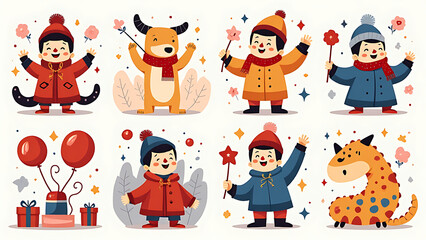 Aufkleber - A collection of vibrant and playful New Year's illustrations presented in a modern flat design style to create unique greeting cards.
