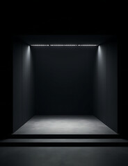 Poster - A contemporary black box theater stage with sleek black walls, minimalist set design, and soft white lighting illuminating the space.