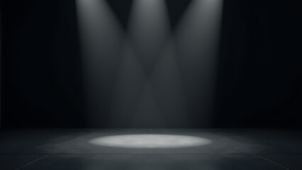 Poster - A contemporary stage with sleek black flooring, no backdrop, and soft white lighting creating a clean, minimalist, and empty atmosphere.