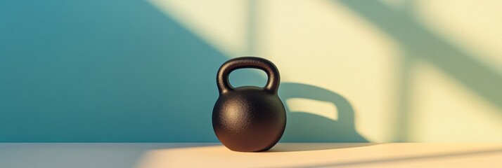 Poster - A black kettlebell placed on a light-colored surface, casting a soft shadow in a fitness area illuminated by afternoon light. Generative AI