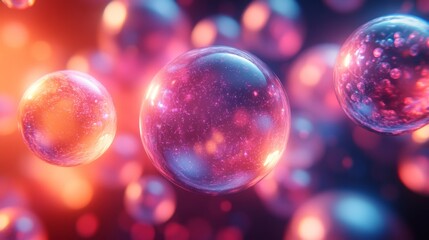 Poster - The visual showcases an array of luminous bubbles drifting in a dynamic and colorful space, highlighting an abstract digital art concept filled with energy and light.
