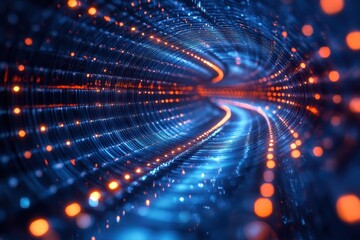 Fototapete - Abstract digital tunnel with vibrant blue and orange lights creating a sense of movement